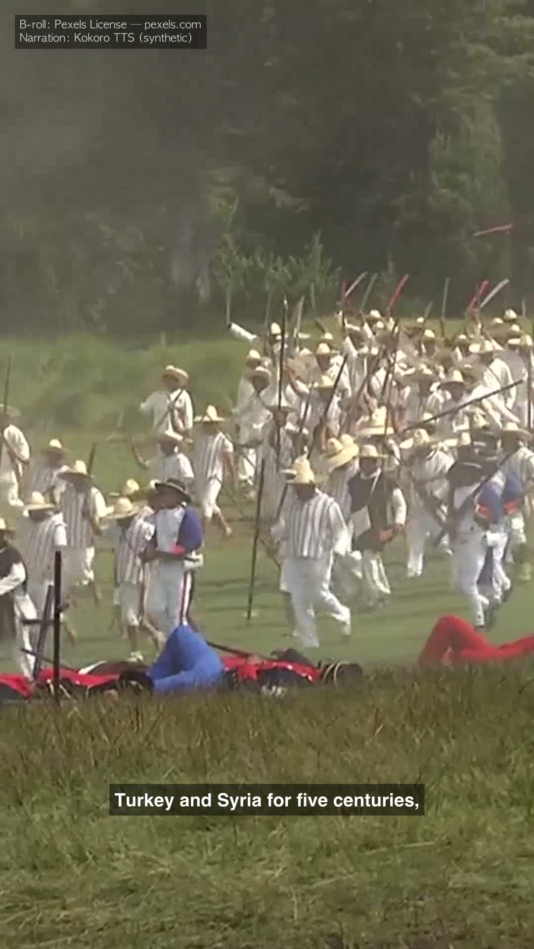 Frame from faceless-hittites-v6: 9:16, historical battle reenactment B-roll, caption 'Turkey and Syria for five centuries,' single-line.