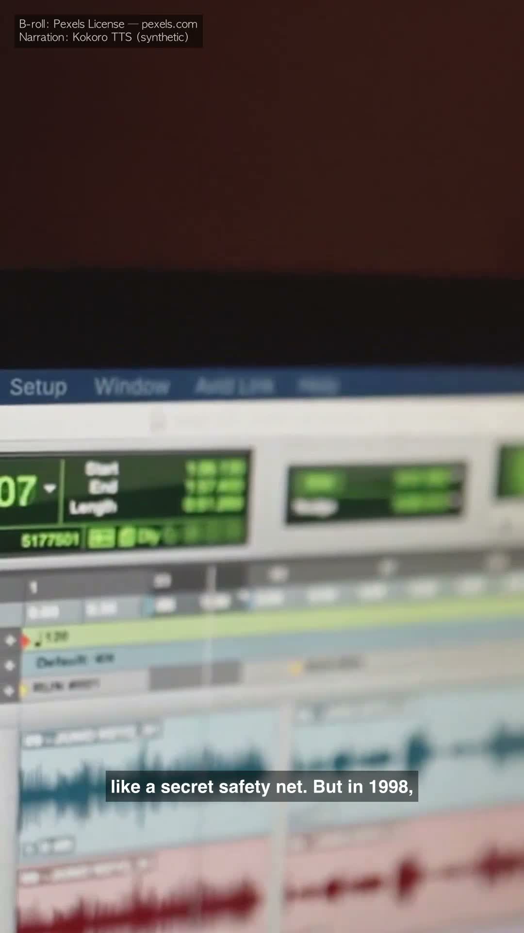 Frame from faceless-autotune music-trial: studio audio waveform display, caption 'like a secret safety net. But in 1998,' single-line.