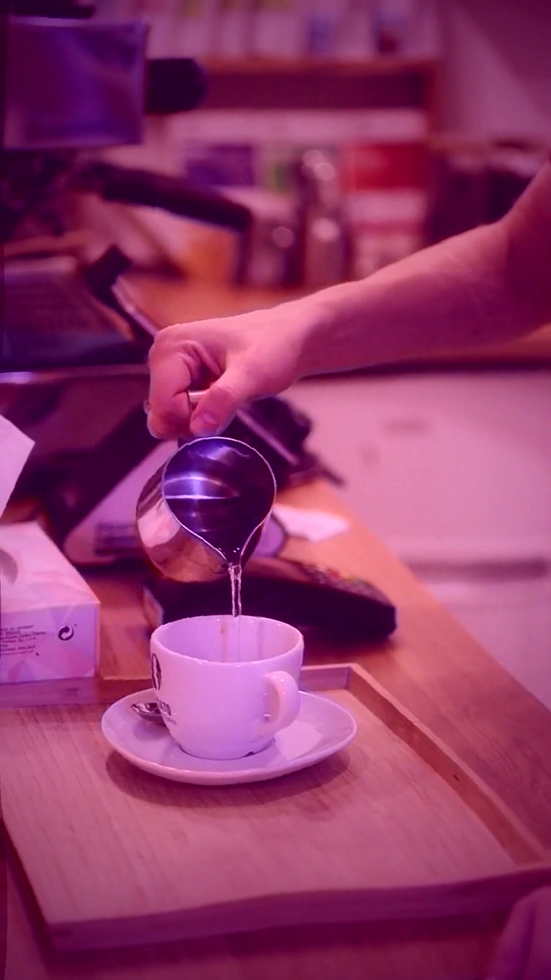 rain-lofi: barista pouring espresso, soft pink warm grade